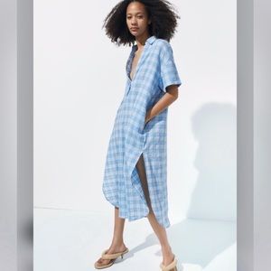 Zara women’s oversized blue check print collar caftan XS